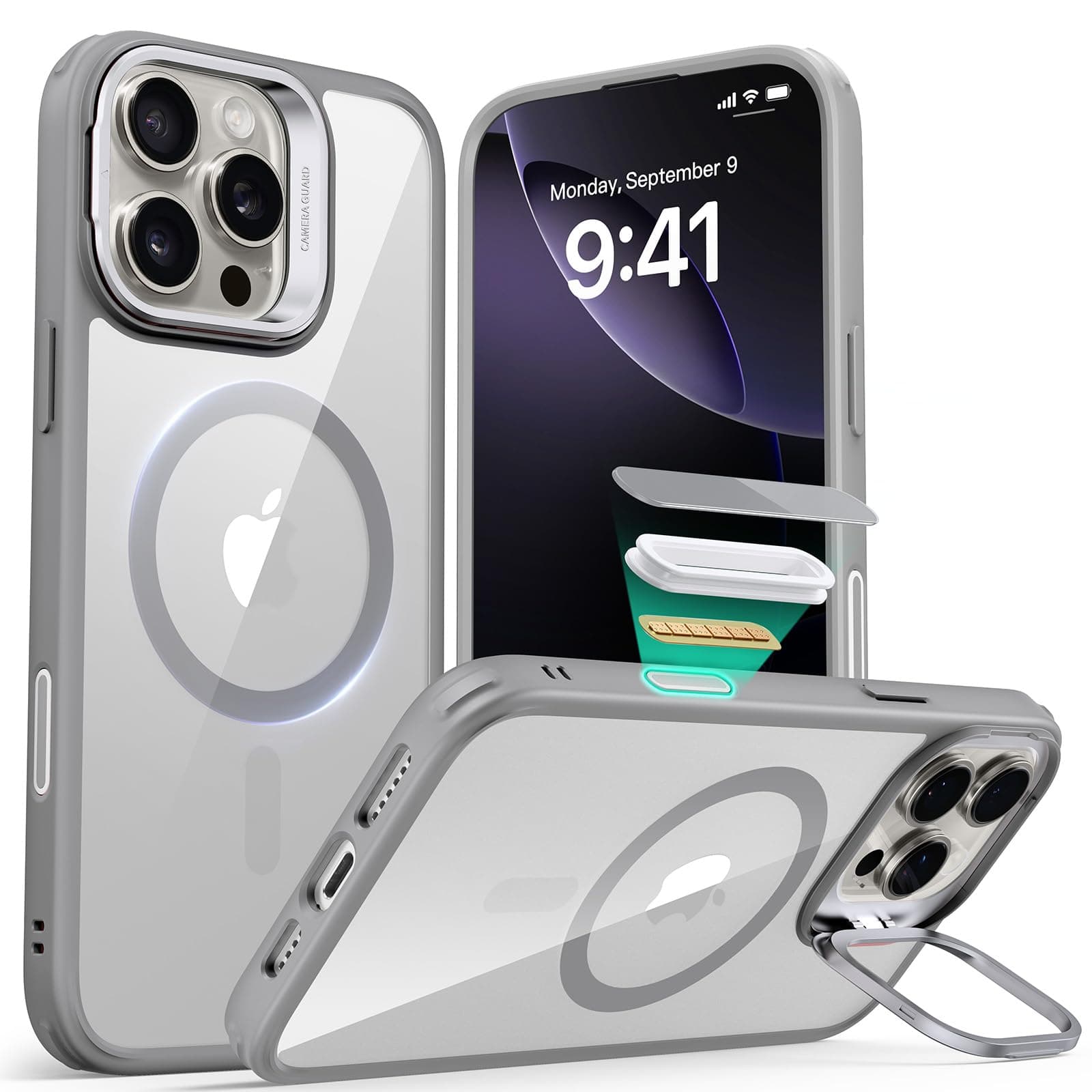 for iPhone 16 Pro Max Case, Compatible with MagSafe, Built-in Stash Stand Phone Case, Military-Grade Protective Case, Scratch-Resistant Back Cover, Classic Series, Clear Grey