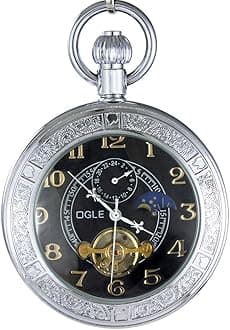 Waterproof Luminous Magnifier Tourbillon Moon Sun Chain Fob Self Wind Automatic Mechanical Pocket Watch