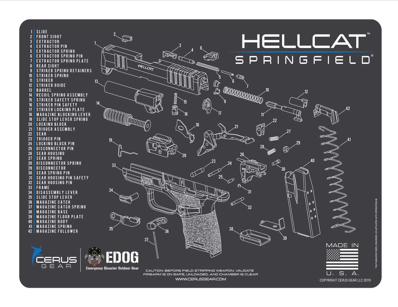 EDOG Springfield Armory Hellcat Cerus Gear Schematic (Exploded View) Heavy Duty Pistol Cleaning 12x17 Padded Gun-Work Surface Protector Mat Solvent & Oil Resistant