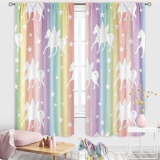 Cinbloo Rainbow Curtains 42Wx63L Inch Rod Pocket Pastel Starts Unicorn for Kids Room Decor Mermaid Child Nursery Princess Teen Girls Playroom Bedroom Living Room Window Drapes 2 Panel