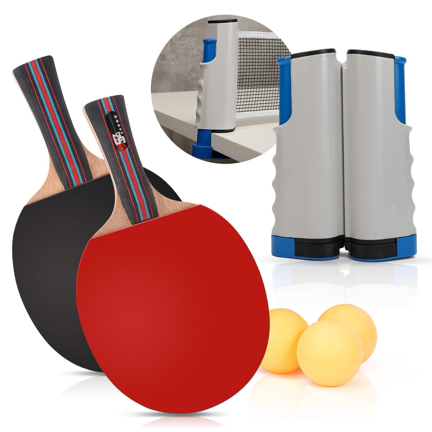 PingPong Set - Includes Ping Pong Net for Any Table, 2 Ping Pong Paddles/Rackets, 3 Ping Pong Balls, Portable Table Tennis Set-Table Tennis Accessories for Home and Outdoor Play