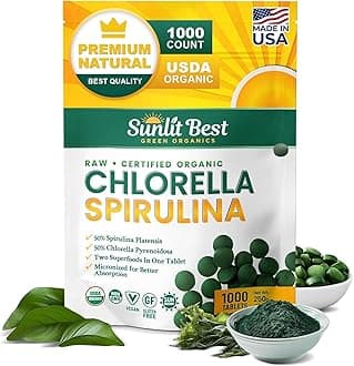 Sunlit Best Chlorella Spirulina Tablets - Organic USDA, Premium Spirulina and Chlorella Tablets 1000 Count - Sun Chlorella Pure Natural Superfood with Algae, Enzymes Chlorophyll & Vegan Protein