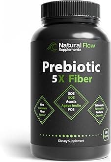 Prebiotic Fiber Supplement 5-in-1 Capsules - Natural Flow 5X Fiber XOS, GOS, FOS, Acacia and Agave Inulin, Daily Soluble Fiber Formula for Gut Support and Boost Good Bacteria Diversity, 120 Caps