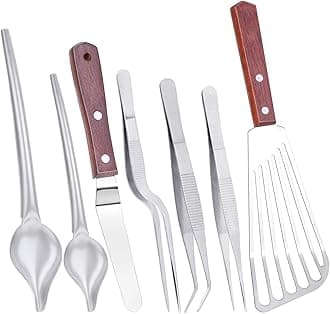 Cridoz 7 Pcs Stainless Steel Kitchen Cooking Plating Tweezers Tongs Drawing Spoons Offset Spatula and Fish Spatula for Food Culinary Plating Decorating