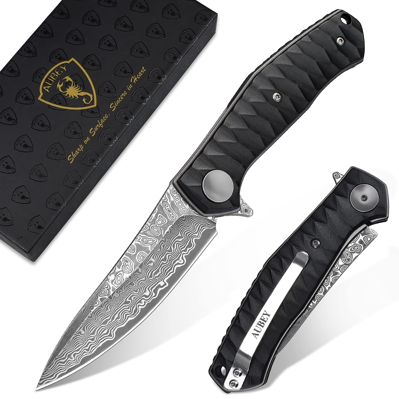 Damascus Pocket Knife for Men with Clip EDC, 3.23" VG10 Core Damascus Steel Blade Folding Knife with Black Aluminum Handle, Sharp Camping Knife