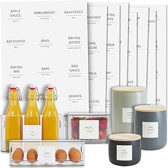 Talented Kitchen 157 Pantry Organization Labels for Food Storage Containers, Preprinted Black All Caps on Matte White Vinyl Stickers + Numbers for Minimalist Kitchen (Water Resistant)