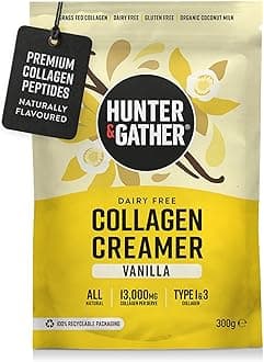 – Hunter & Gather Collagen Creamer for Coffee I Vanilla I 300g I Grass Fed Type 1 & Type 3 Bovine Collagen Peptides I Dairy Free I 13,000mg per Serve I Support Hair, Skin, Nails, Muscles