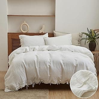 Simple&Opulence 100% Linen Duvet Cover Set 3pcs with Bowknot Ties Closure Natural French Washed Flax Solid Color Soft Breathable Farmhouse Bedding - White, Queen Size