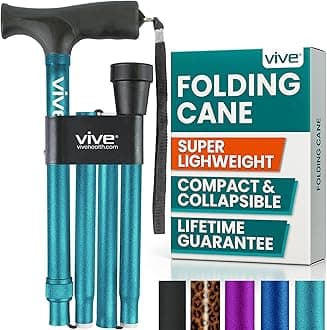 Vive Folding Cane - Lightweight Foldable Walking Stick for Men & Women - Adjustable & Durable for Portable Travel- Collapsible Balancing Mobility Aid - Sleek Ergonomic & Comfortable Handles