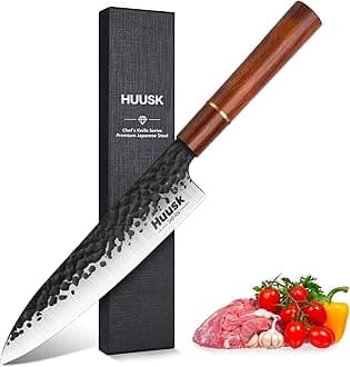 Huusk Japan Chef Knife, 8 Inch Gyuto Knife Professional Japanese Chef Knife, Hand Forged High Carbon Steel Sharp Cooking Knife, Ergonomic Rosewood Handle, for Meat, Fish, Vegetables, Gift for Dad
