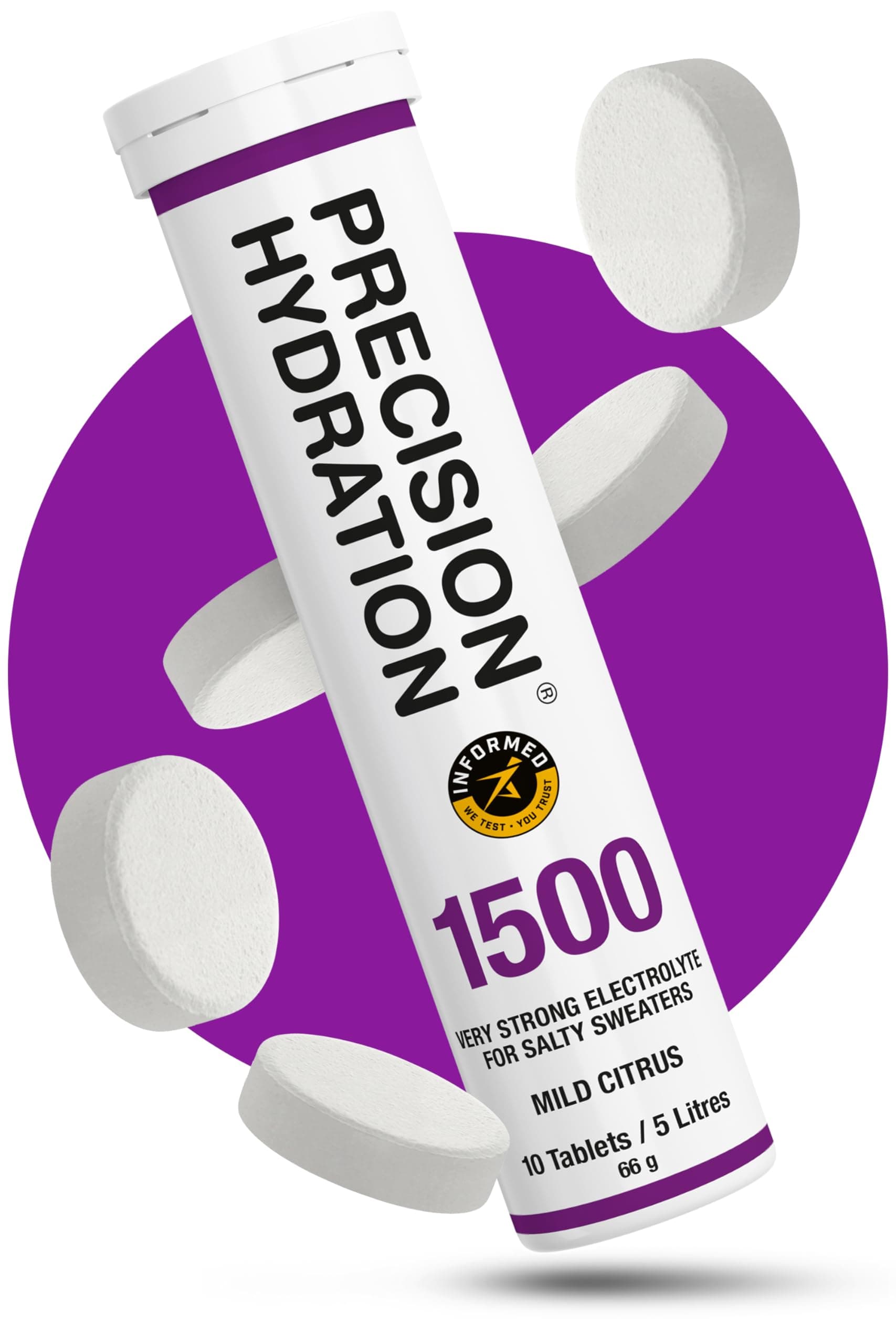 Precision Hydration Electrolyte Tablets - Multi Strength Effervescent Hydration Tablets - Combats Cramp - Low Calorie, Gluten Free, Vegan/Vegetarian Friendly (1 Tube, 1500mg/L - Purple Tube)