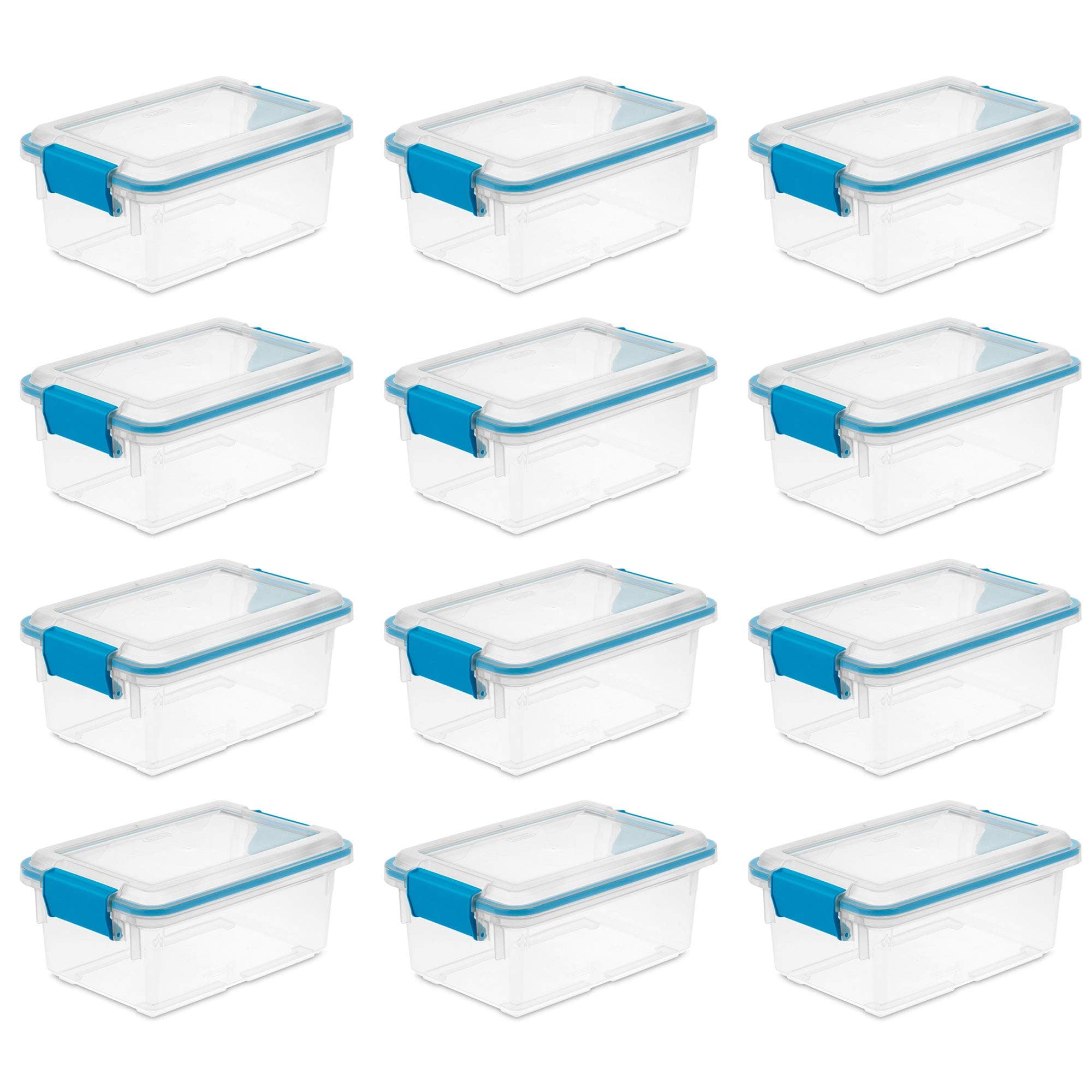 Sterilite7.5 Qt Gasket Box, Stackable Storage Bin with Latching Lid and Tight Seal, Plastic Container to Organize Basement, Clear Base, Lid, 12-Pack
