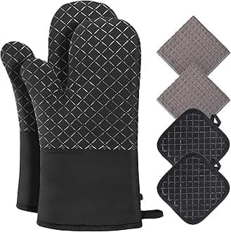 Philorn Oven Mitts and Pot Holders 6pcs, Kitchen Oven Glove High Heat Resistant 500℉ Extra Long Oven Mitts and Potholder with Non-Slip Silicone Surface for Baking, Cooking, BBQ (Black)