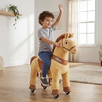 Plush Interactive Riding Horse Kids Ride on Toy Ride on Horse Walking Horse, Essential Model E Size 4 for Age 4-7, No Electricity with Wheels, Giddy up Riding Toys Pony Light Brown E436