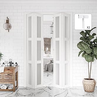 BARNER HOME Bi-Fold Doors, for 48"x 80" (Double 24" x 80" Doors) Opening, 3-lite Tempered Frosted Glass Panel, MDF, White Closet Door