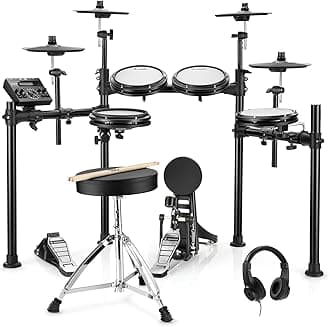 Donner DED200X E Drum Set, E Drums with Quiet Mesh Drum Pads, 2 Cymbals with Choke, 31 Kits and Over 450 Sounds, Throne, Headphones, Sticks, USB MIDI, Melody Lessons (5 Pads, 4 Cymbals)