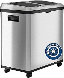 16 Gallon Touchless Sensor Kitchen Trash Can and Recycle Bin with Wheels, 61 Liter Stainless Steel Dual-Compartment (2 x 8 Gallon) Combo Recycling and Garbage Trashcan