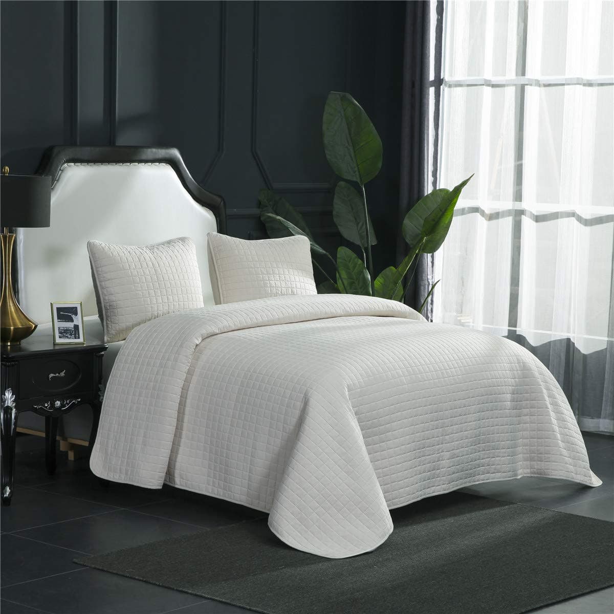 Williom Town Prewashed 3 PC Solid Color Quilted Pattern Coverlet Quilt Set, Ivory, Queen