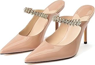 Women Heeled Mules Rhinestone Strappy Pointed Toe Mules Stiletto High Heels Slip On Bridal Sandals for Women