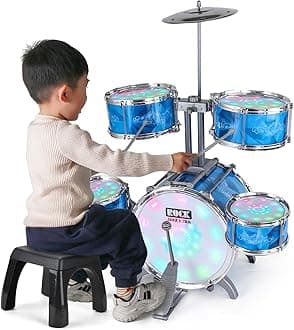 Kids Drum Set for Toddlers with 5 Jazz Drum Kit & Lights (Vibrating-Controlled) & Alloy, Musical Instruments Toys, Boys Gifts for Aged 1-3 3-5