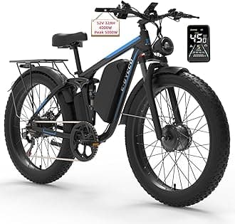 5000W Dual Motor Electric Bike for Adults, 52V 32AH, Up to 90Mile & 45MPH E-Bike Fat Tire Full Suspension 24/26 Inch Electric Bicycles Hydraulic Disc Brakes for Mountain Hunting Commuting