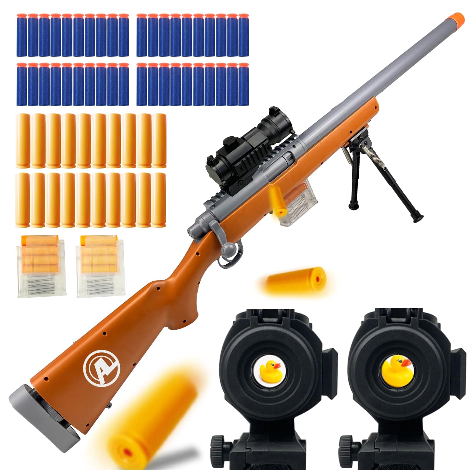 AGM MASTECH M24 Soft Bullet Toy Gun, Empty Shell Ejecting Design, Enhanced Scope, 40 Soft Foam Darts, 20 Shells, 2 Magazines. Outdoor Toys, Toy Dart Blaster for Boys and Girls (Brown)