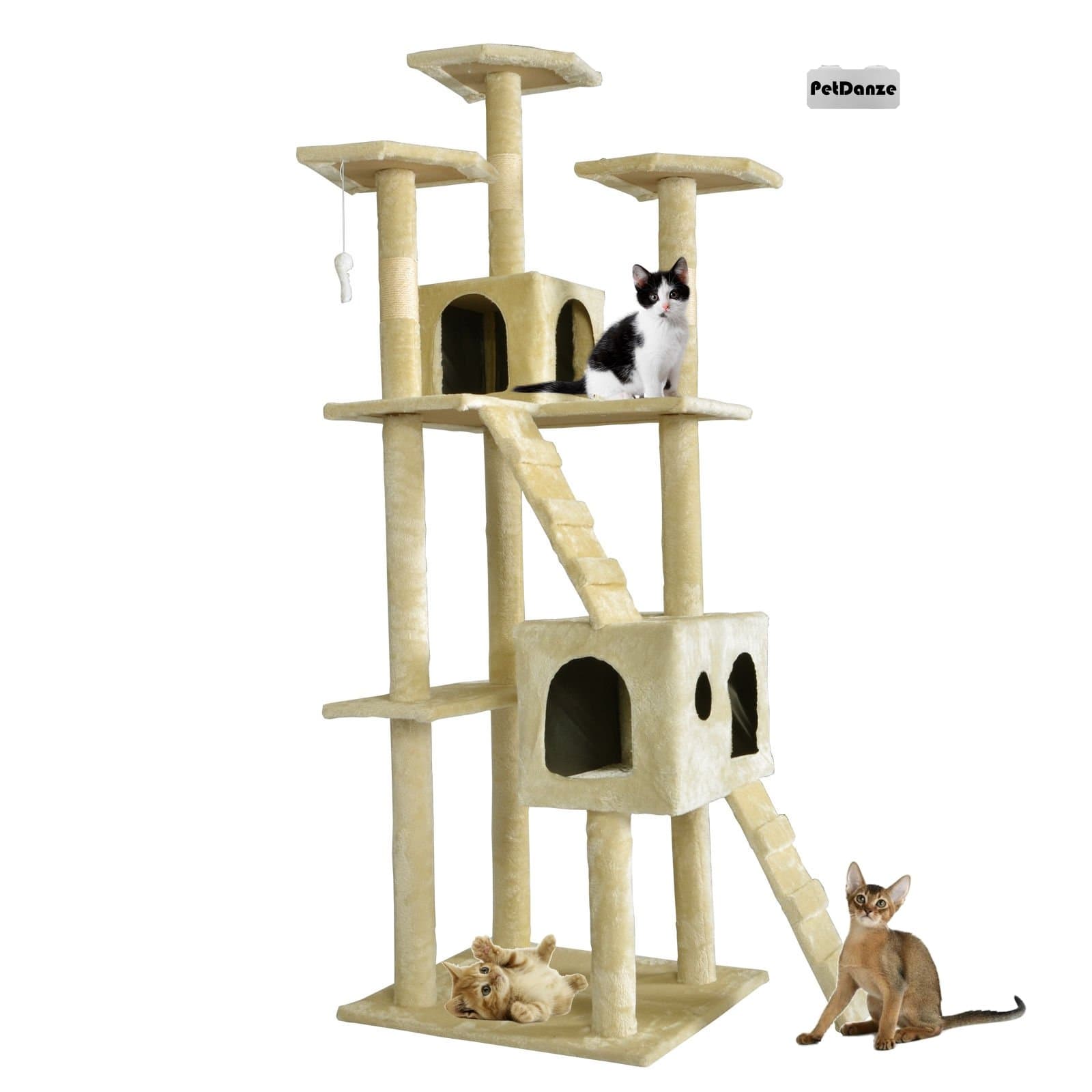 Cat Tree Kitten Condo Post Scratcher | Kitty Tower Scratching Post Furniture | Cat Climbers Play House | 73" Height, Beige