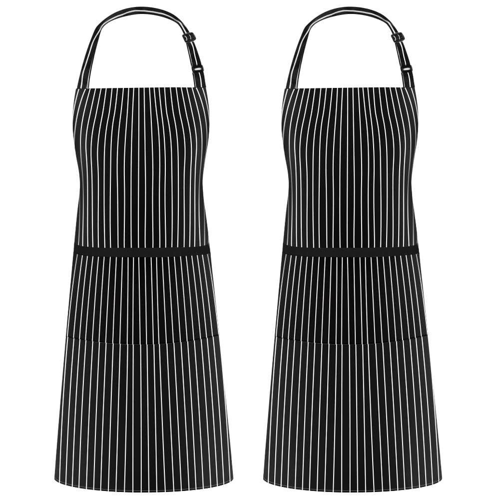 (Pinstripe, Thicker Version) - Syntus 2 Pack Adjustable Bib Apron Thicker Version Waterdrop Resistant with 2 Pockets Cooking Kitchen Aprons for Women Men Chef, Black/White Pinstripe