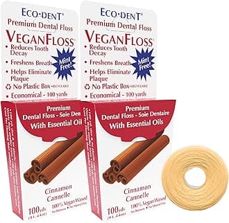 Eco-Dent VeganFloss Dental Floss, Waxed, Cinnamon - Floss with Vegan Plant-Based Wax, Recyclable Cardboard Packaging, 100 Yds (Pack of 2)