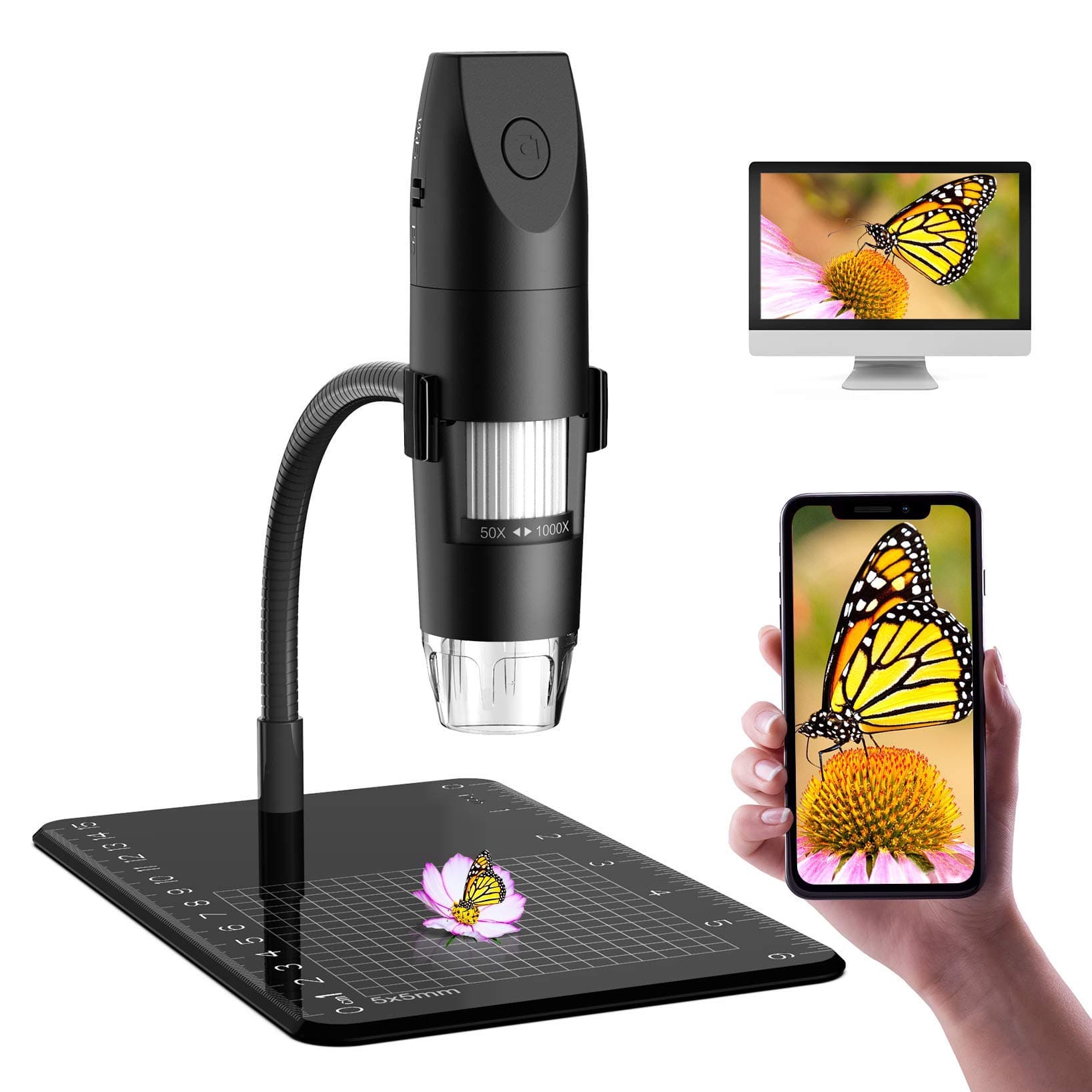 Wireless Digital Microscope, Skybasic Mini Pocket Handheld WiFi USB 50x to 1000x Magnification Microscope Camera 8 LED HD Compatible with Android Smartphone, iPhone, Tablet, Windows Mac-Black