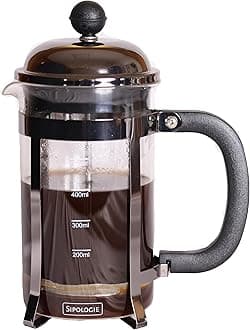 Sipologie Vintage French Press Coffee Maker 600ml, Black I 4-Level Filtration I Heat Resistant Borosilicate Glass I Stainless Steel Housing | Measurement Marking, Coffee Spoon, Extra Filter Mesh