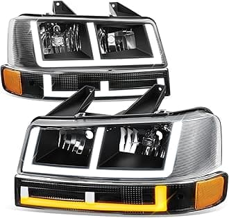 Auto Dynasty Headlights Assembly and Bumper Lamps Compatible with 2003-2024 Chevy Express GMC Savana 1500-4500, with Switchback E-LED DRL Running lights, Driver and Passenger Side, Black Housing