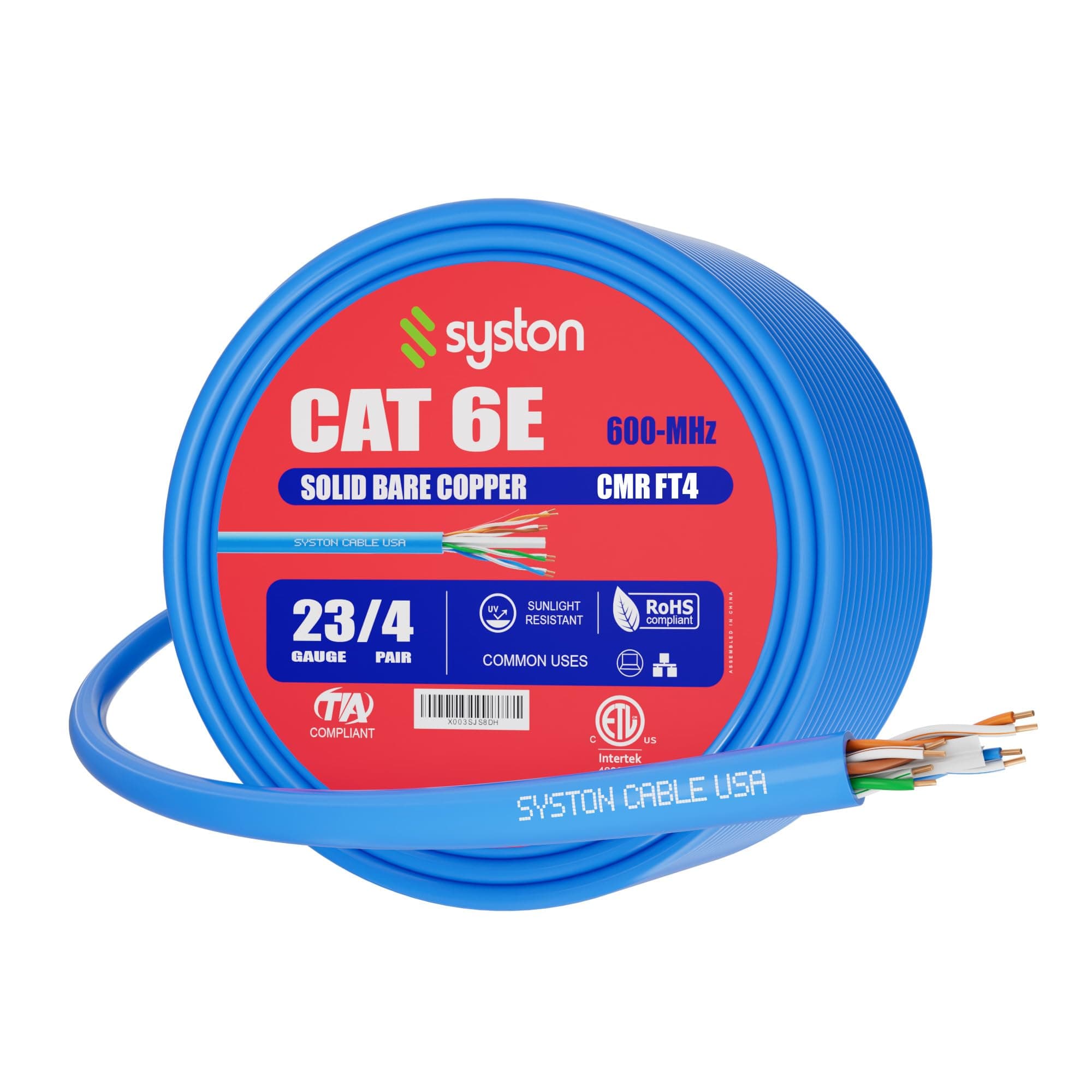 Syston Cable Technology Cat 6E Ethernet Network Cable - 100 FT，600MHz 23AWG Solid Bare Copper Wire Outdoor/Indoor, Bulk No Ends 10 Ft to 1000 Ft Available, Heat Resistant Riser Rated - CMR
