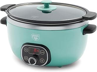 GreenLife Cook Duo Healthy Ceramic Nonstick Slow Cooker, 6 Quart, PFAS-Free, Digital Timer, Dishwasher Safe Parts, Turquoise