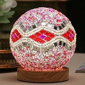 Turkish Table lamp (D:4.7" x H:5.2"),Mosaic Glass Lamps with Wooden Base, Bohemian Tiffany Bedside Lamps, USB power Moroccan Lantern for Living Room Halloween Decorations (Baroque - Pink, Baroque)