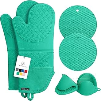 6pcs Oven Mitts and Pot Holders Sets Heat Resistant 500 Degrees, Non-Slip Silicone Hot Pads Potholders for Kitchen Baking Cooking, Extra Long Oven Gloves Quilted Liner, Jungle