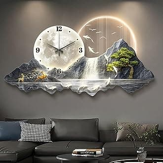 Wall Sculptures Painting 3D Wall Art Decor, Modern Living Room Restaurant Panoramic Landscape Wall Paintings with Clock，led Light Hang Pictures, Home Decorations Wall Decor ，for Office/Hotel