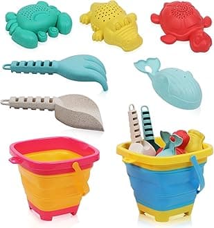 Collapsible Beach Sand Toys Set for Kids Toddlers, Beach Toys and Sandbox Toys with 2 Collapsible Beach Buckets, Sand Molds and Shovel and Rake Set, Summer Outdoor Travel Beach Toys for Boys Girls
