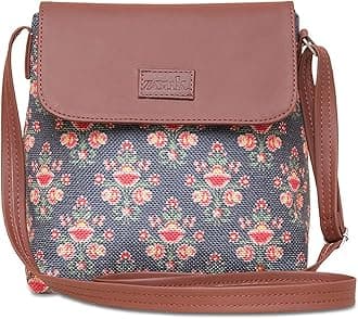 ZOUK Mughal Garden Floral Printed Women's Hand Crafted Vegan Leather Dark Blue Flap Sling Bag