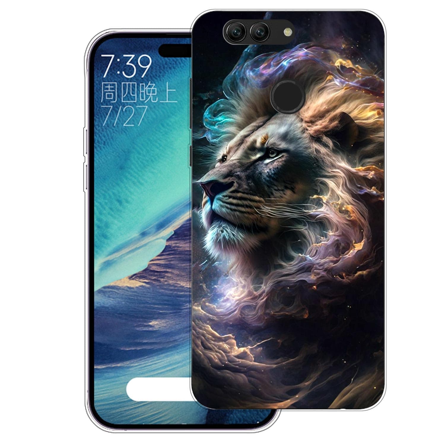Case Compatible with Huawei nova 2 Plus,Transparent Soft Bumper Phone Cover Clear Cases Shockproof TPU Silicone Bumpers Anti-Scratch Pattern-(Lion)