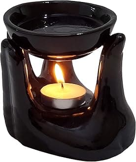 Pure Source India Black Ceramic Handtype Aroma Burner with 1 Tea Light Candle for Essential Oils & Wax Melts – Tealight Candle Diffuser, Oil Warmer for Spa, Meditation, Bedroom & Gift Use