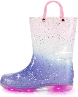 EUXTERPA Toddler Kids Waterproof Light Up Rain Boots Patterns and Glitter Boots with Handles for Boys Girls