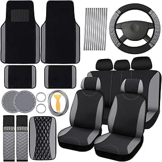 BBTO 43 Pcs Bling Car Accessories Set for Women Front Seats and Rear Bench Polyester Car Seat Protectors Wheel Cover Seat Floor Mats Full Crystal Automotive Interior Decor(Gray and Black)