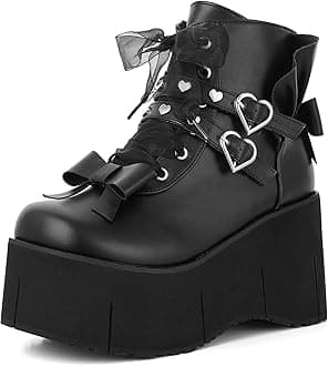 Tscoyuki Studs Platform Boots for Women Goth Rave Boots Round Toe Chunky Wedge Heel Combat Ankle Boot w/Side Zip Buckle Booties for Concert