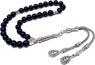 Black Synthetic Onyx Prayer Beads (8 mm, 33 Beads) Tesbih-Tasbih-Tasbeeh-Misbaha-Masbaha-Subha-Sebha-Sibha-Worry Beads