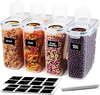 Valuxe Cereal & Dry Food Storage Containers, Airtight Plastic Kitchen Storage Organizer, Set of 4 [2.5L / 85.4oz] for Sugar, Flour, Snack, Baking Supplies, BPA Free Stackable Boxes with Locking Lids