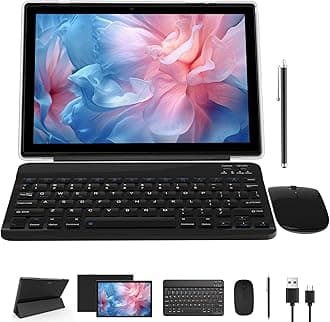 NOVOJOY 2 in 1 Tablet 10 Inch Android 15 Tablets, Tablet with Keyboard, Mouse, Case, Stylus, 32GB ROM+8GB RAM, 2MP+8MP Dual Camera, Quad Core Processor, 6000mAh Battery, 10.1 in FHD Tab Black Tableta