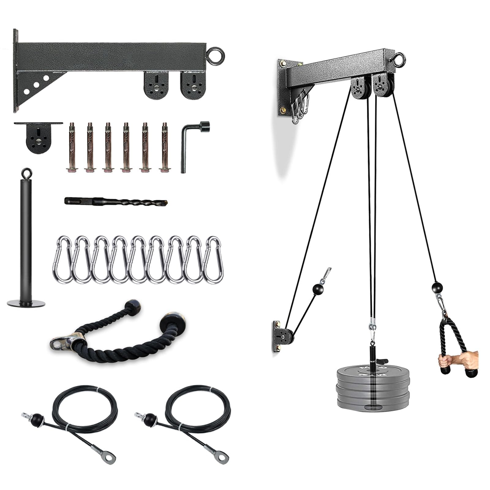 Wall Mounted LAT Pulldown Machines with LAT Pulldown Bar Tricep Rope Resistance Band Handles Loading Pin, Fitness Cable Pulley System for Bicep Curl Back Shoulder, Home Gym DIY Equipment