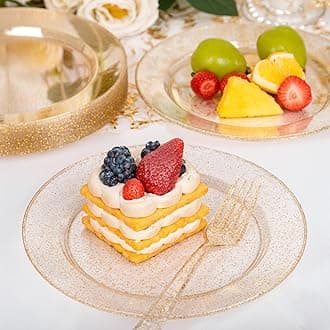200 Pcs Gold Glitter Plastic Plates - Heavy Duty Disposable Party Plates, Gold Glitter Plates Disposable,Include 100 Dinner Plates and 100 Dessert Plates, Plastic Plates for Party, Holiday