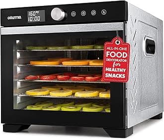 Digital Food Dehydrator – 6 Stainless Steel Trays, 360° Airflow, One-Touch Presets, Adjustable Temp 95–165°F, Timer, Glass Door, Quiet Operation, 600W – Healthy Snacks, Jerky, Fruits & More